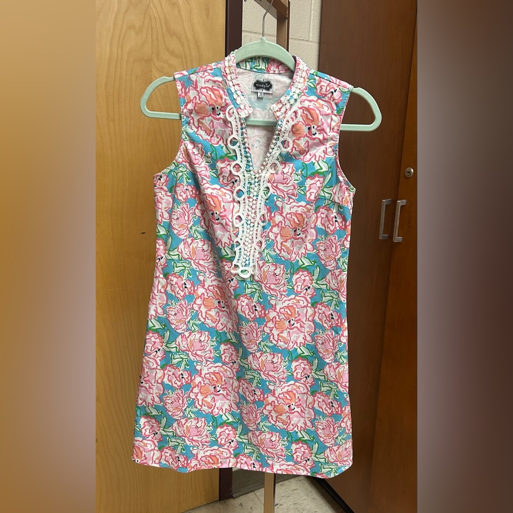 Mud Pie Colorful Floral Dress with Lace Accents
